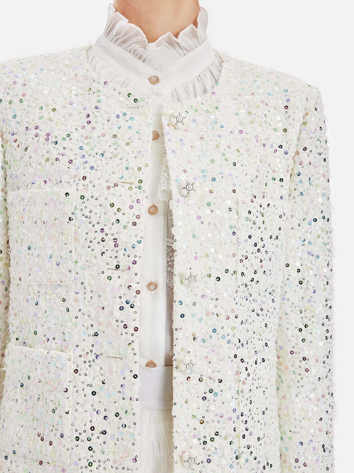 Luxe Sequin Tweed Jacket with Camellia Buckle