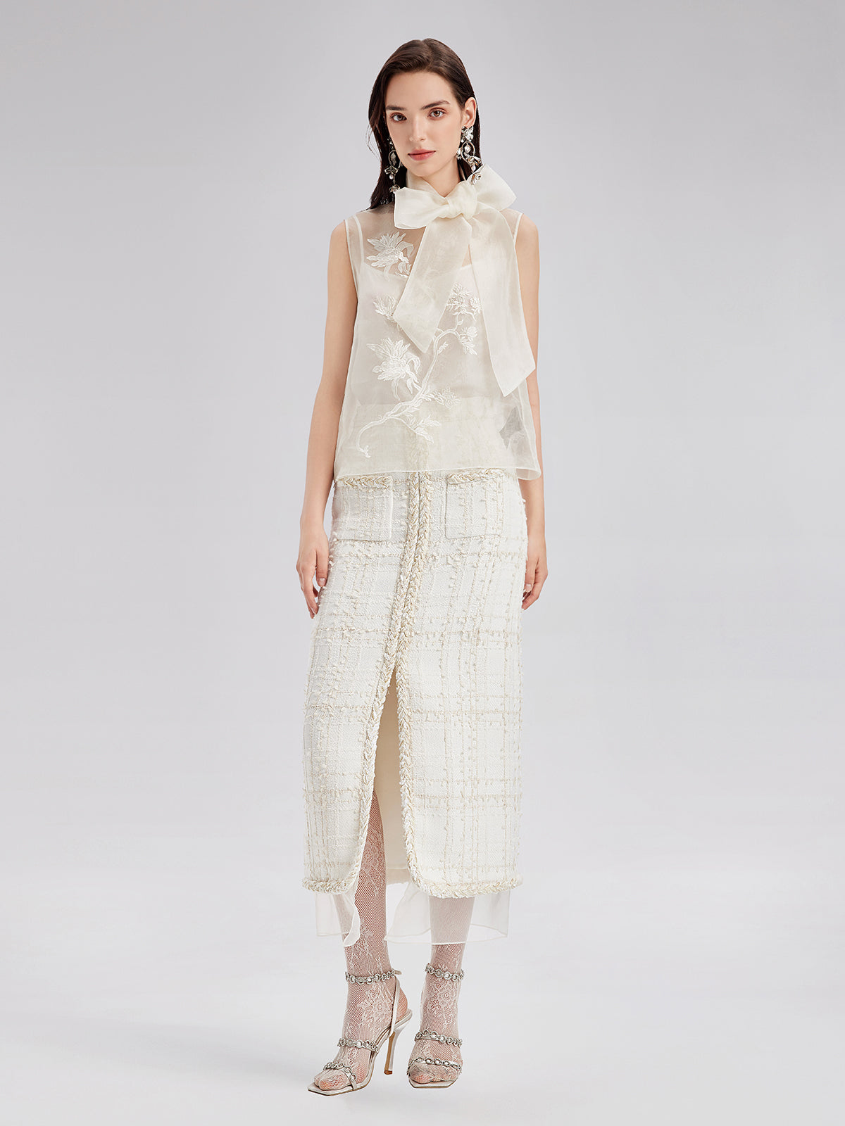 Silk Embroidered Tie-Neck Blouse