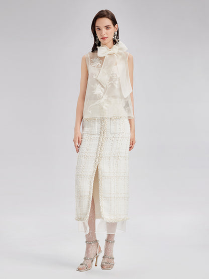 Silk Embroidered Tie-Neck Blouse