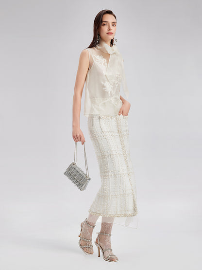 Silk Embroidered Tie-Neck Blouse