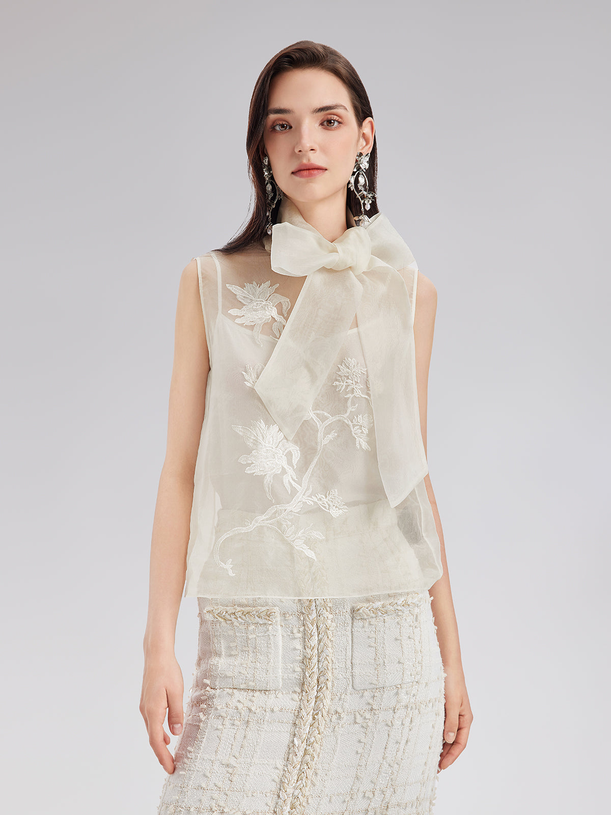 Silk Embroidered Tie-Neck Blouse