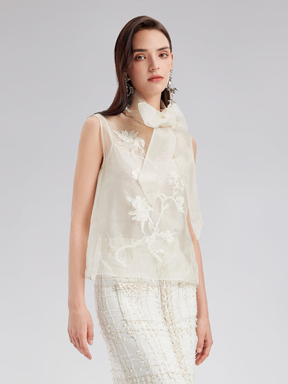 Silk Embroidered Tie-Neck Blouse