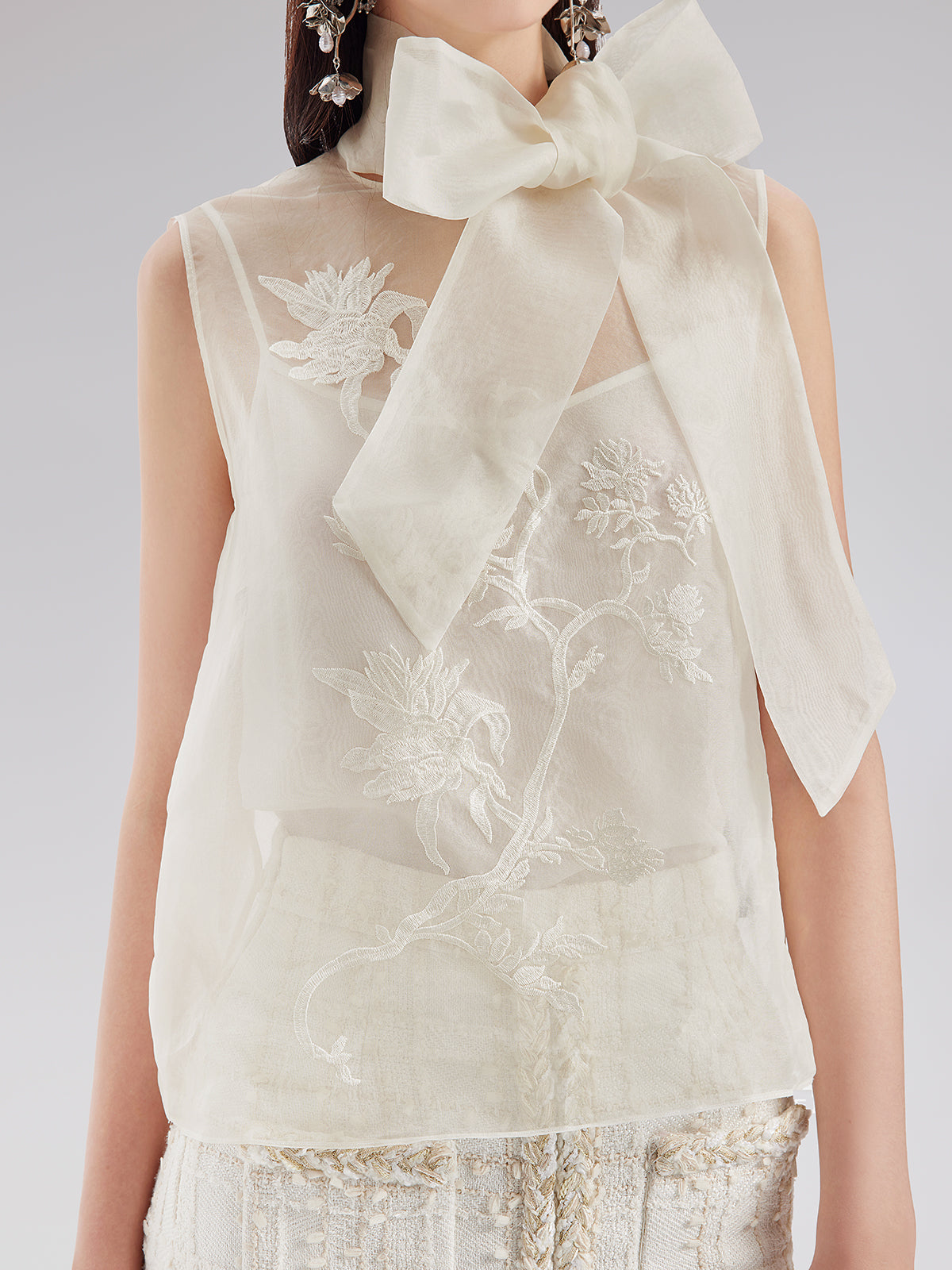 Silk Embroidered Tie-Neck Blouse