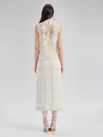 Silk Embroidered Tie-Neck Blouse