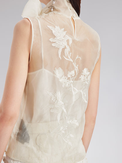 Silk Embroidered Tie-Neck Blouse