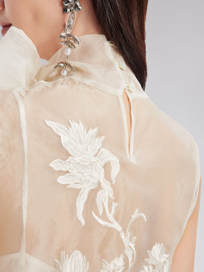 Silk Embroidered Tie-Neck Blouse
