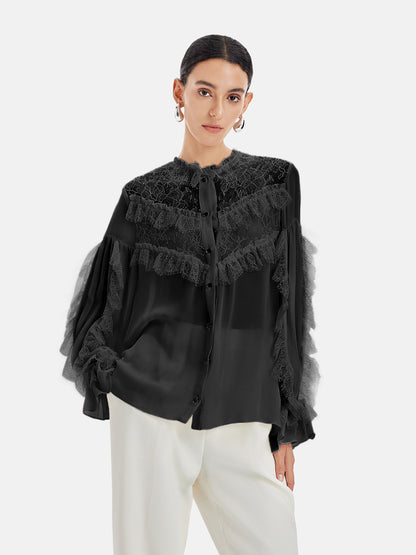 Luxury French Lace-Trimmed Panelled Blouse