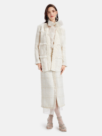 French Lurex Tweed Ruffle Long Coat