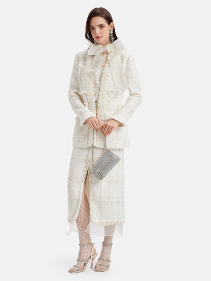 French Lurex Tweed Ruffle Long Coat