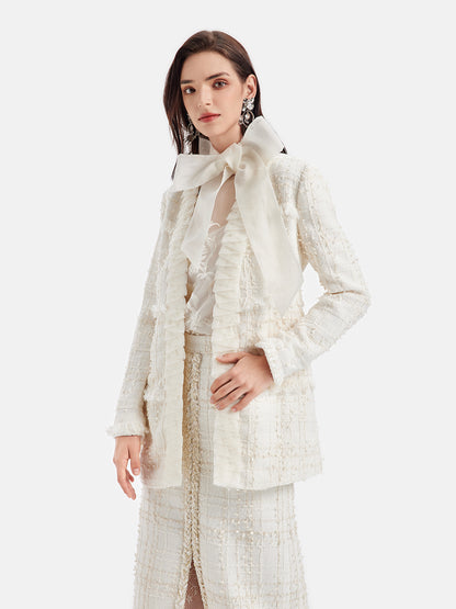 French Lurex Tweed Ruffle Long Coat