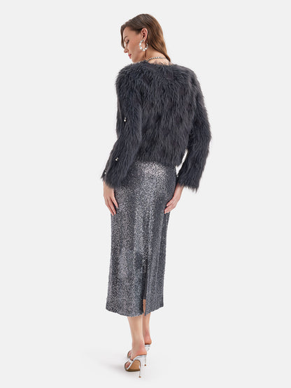 Pearl Beaded Faux Mink Coat