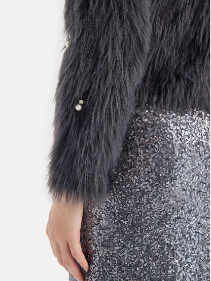 Pearl Beaded Faux Mink Coat