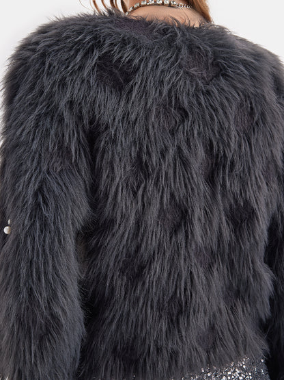 Pearl Beaded Faux Mink Coat