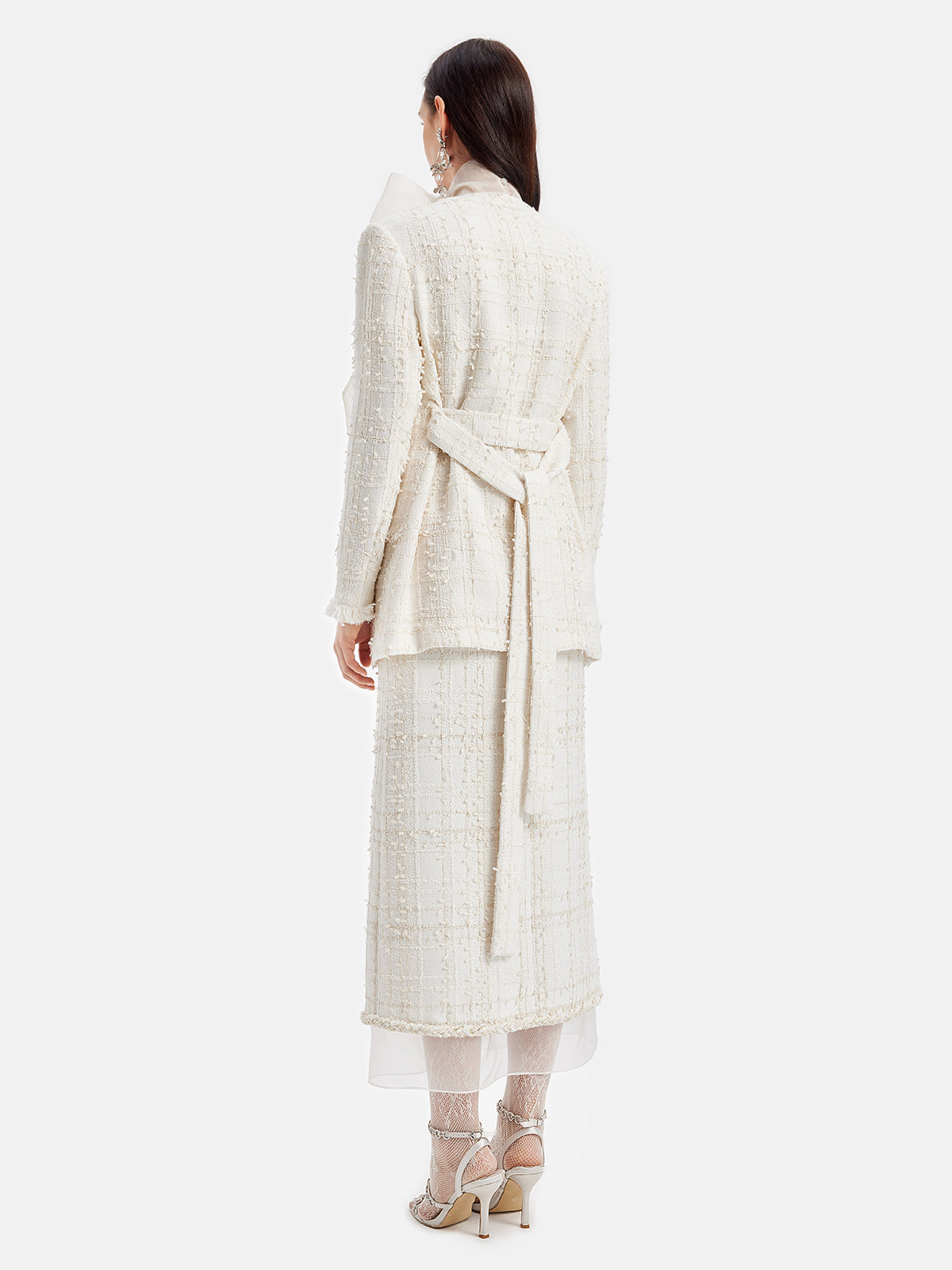 French Lurex Tweed Ruffle Long Coat