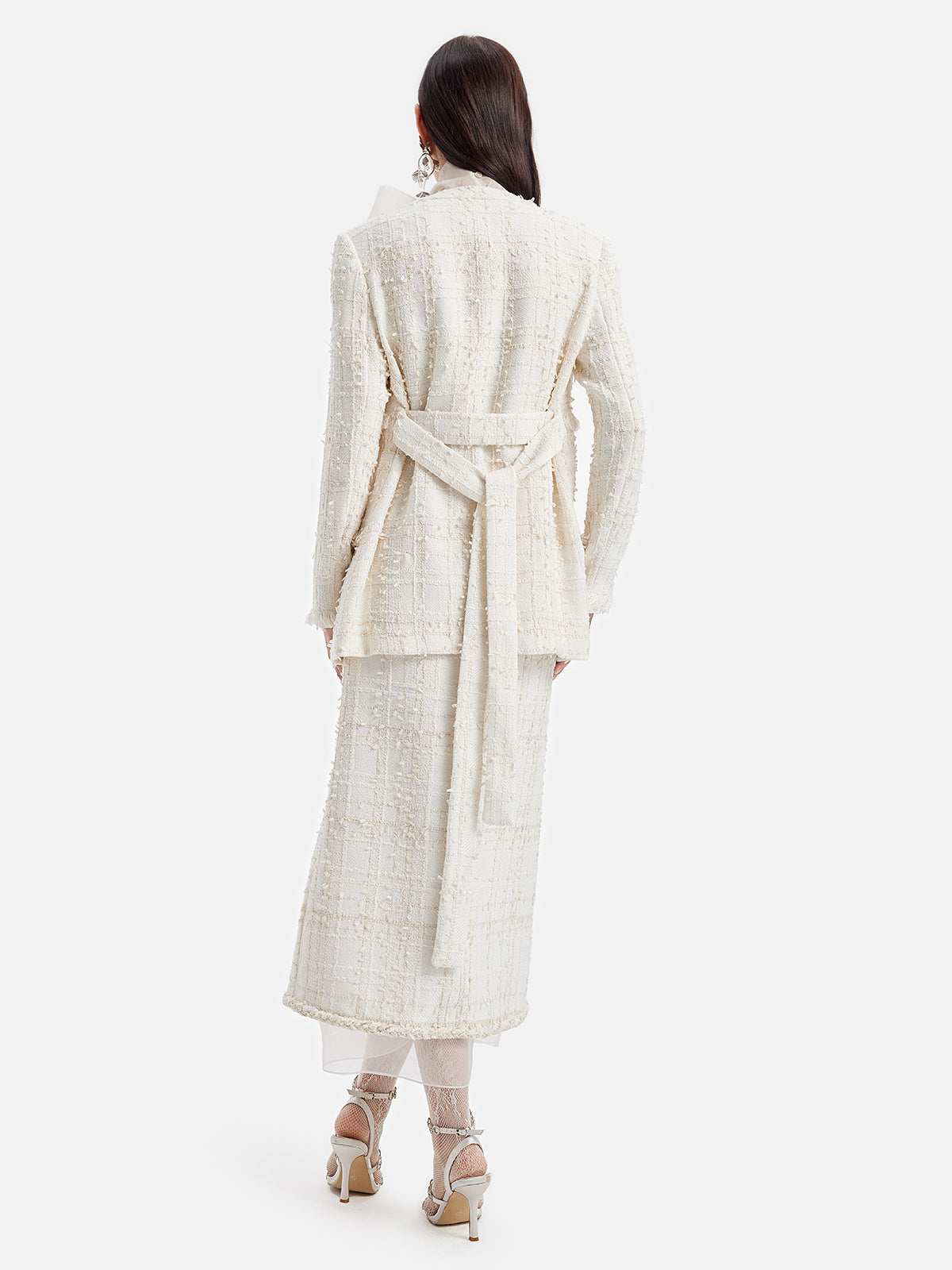 French Lurex Tweed Ruffle Long Coat