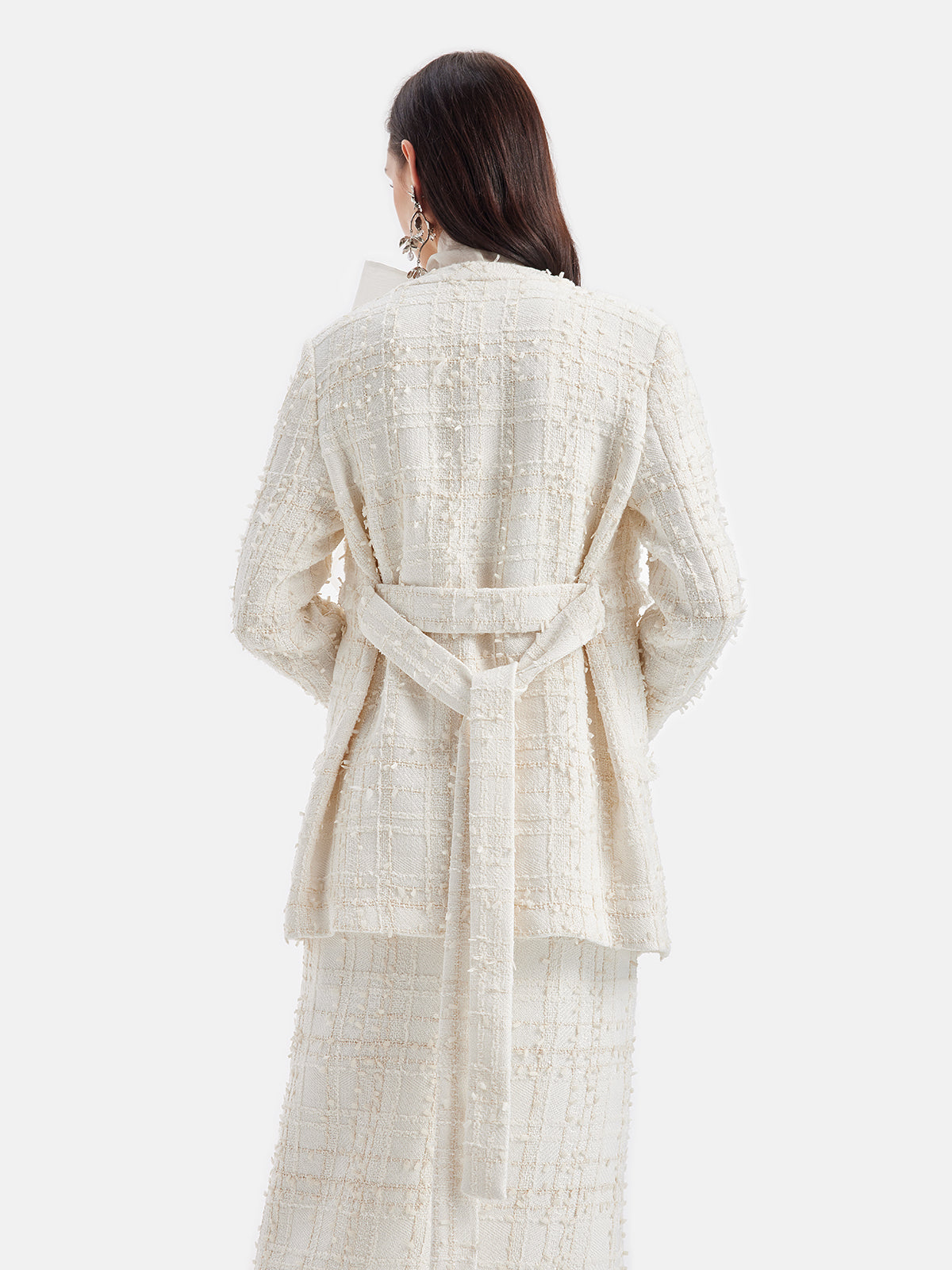 French Lurex Tweed Ruffle Long Coat