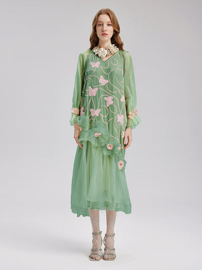 Silk Velvet Embroidered Handmade Floral Dress