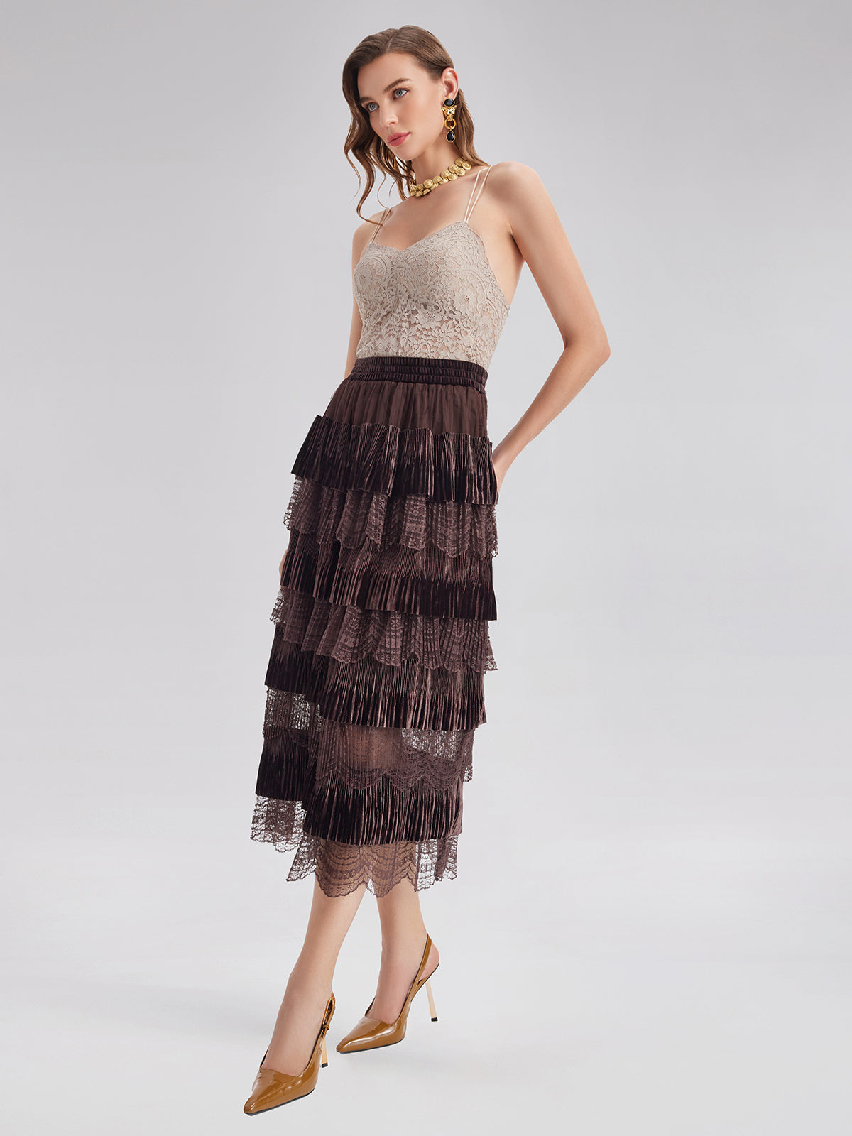 Final Sale | Velvet Lace Patchwork Cake Skirt