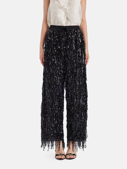 Sequin Fringe Elastic-Waist Pants