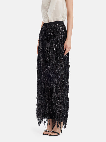 Sequin Fringe Elastic-Waist Pants