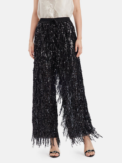 Sequin Fringe Elastic-Waist Pants