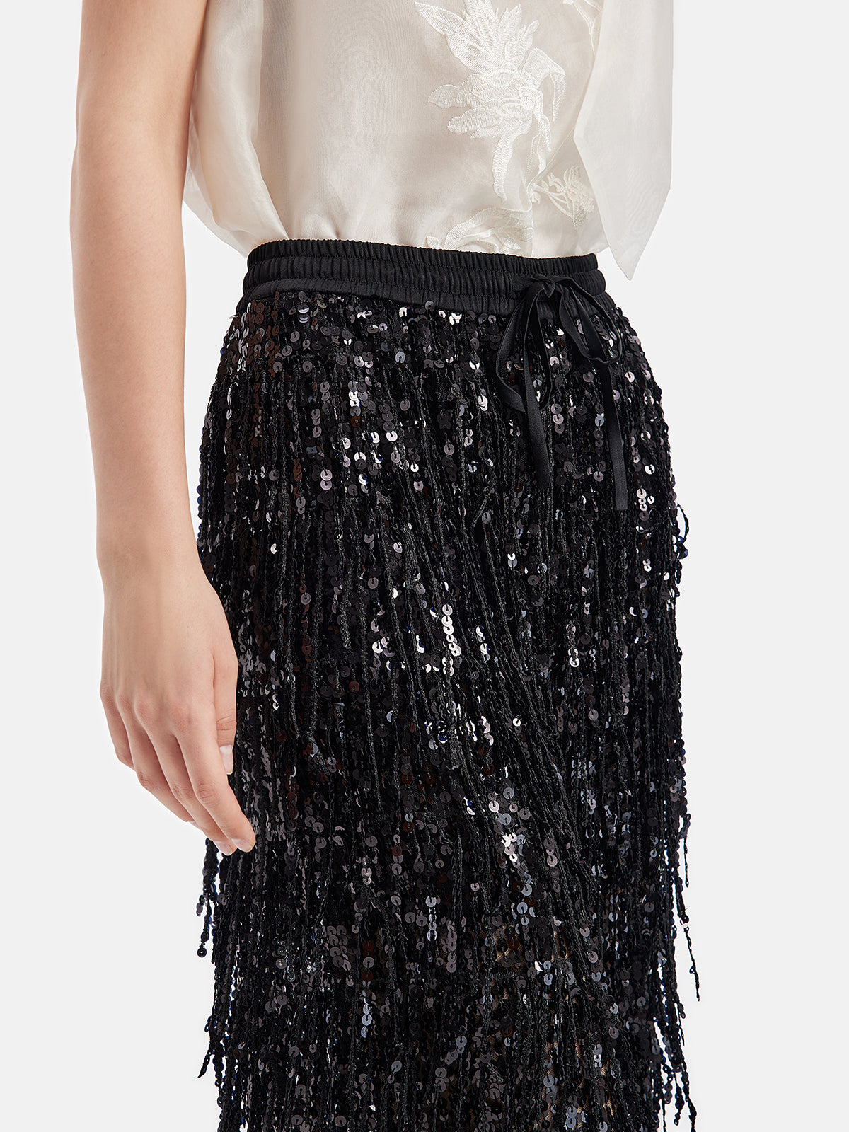 Sequin Fringe Elastic-Waist Pants