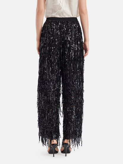 Sequin Fringe Elastic-Waist Pants