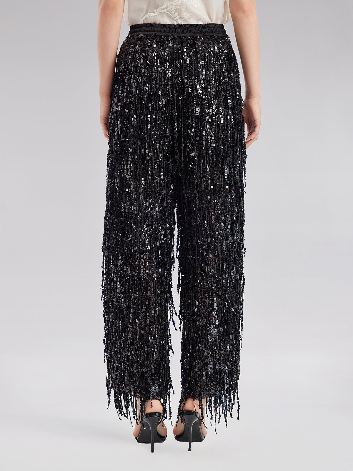 Sequin Fringe Elastic-Waist Pants