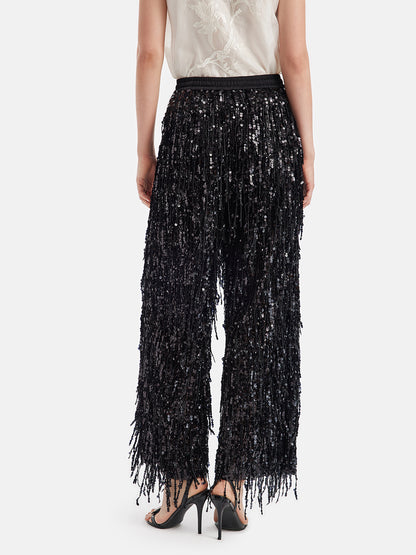 Sequin Fringe Elastic-Waist Pants