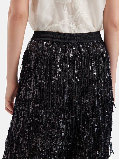 Sequin Fringe Elastic-Waist Pants