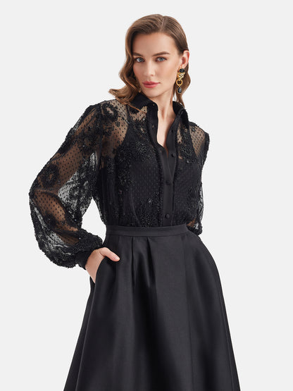 French Sequin Lace Hollow Shirt