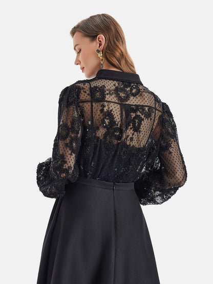 French Sequin Lace Hollow Shirt