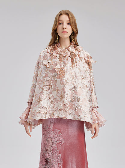 Flower Beaded Embossed Jacquard Cape Coat