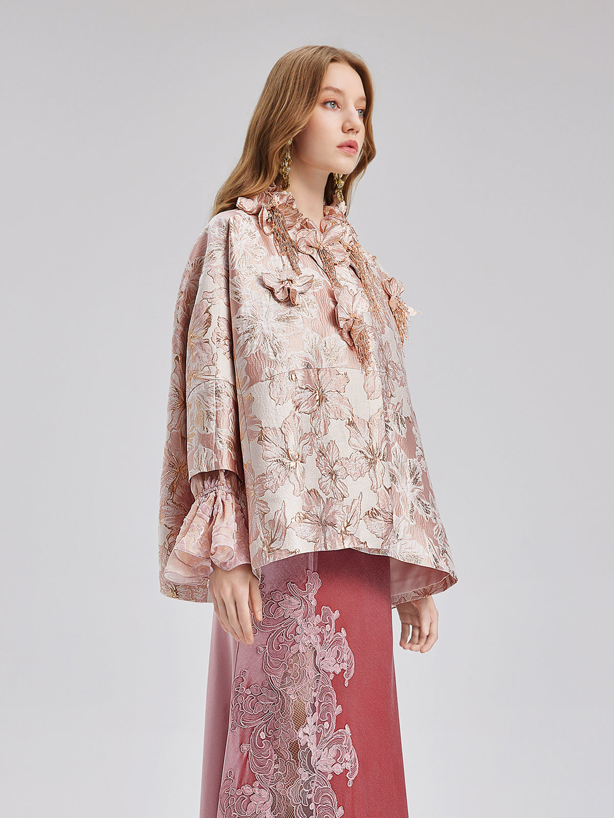 Flower Beaded Embossed Jacquard Cape Coat