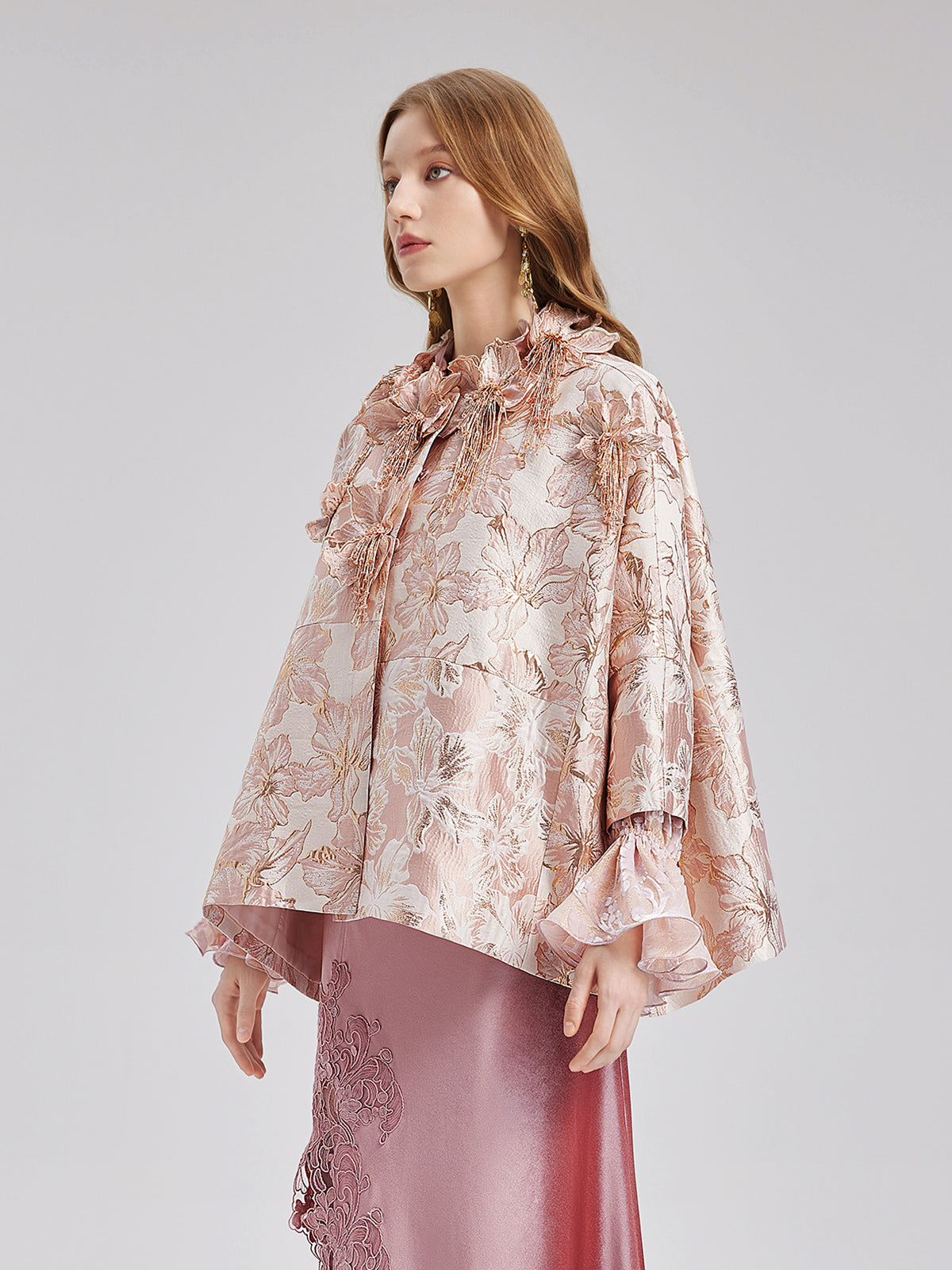 Flower Beaded Embossed Jacquard Cape Coat