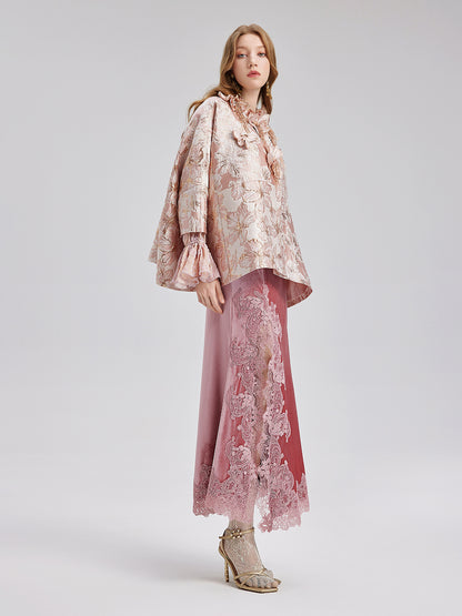 Flower Beaded Embossed Jacquard Cape Coat