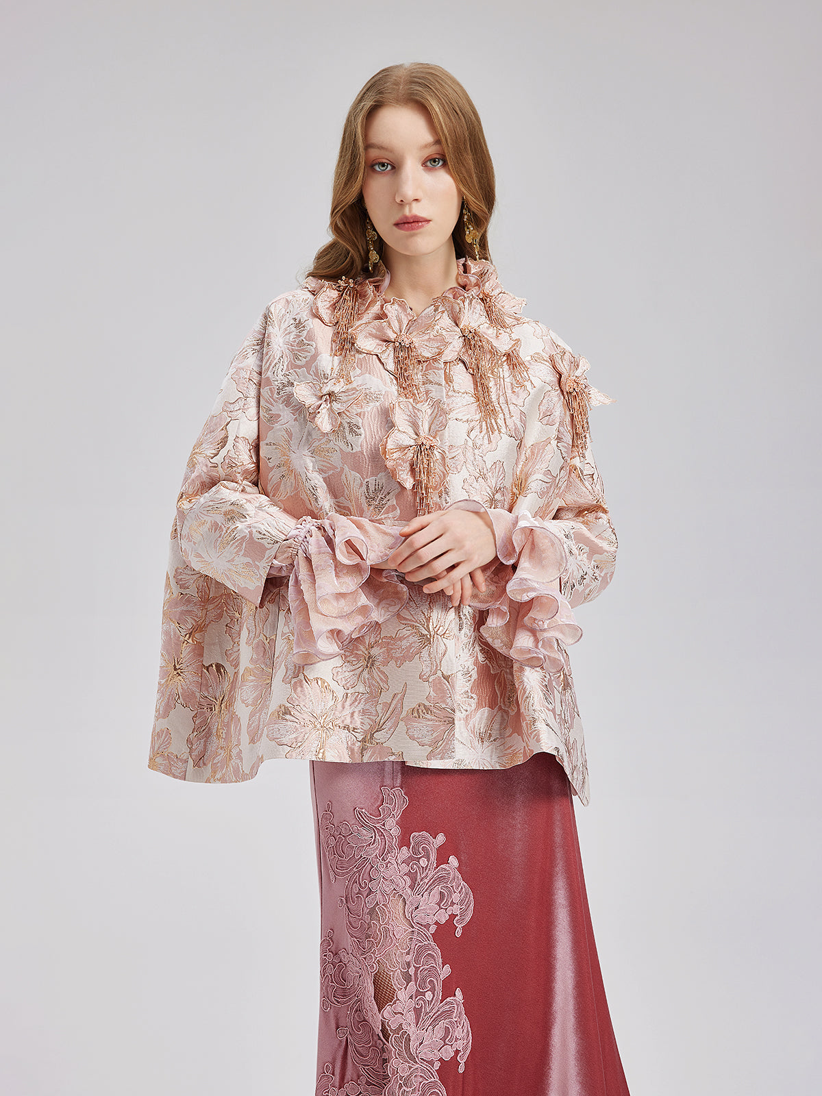 Flower Beaded Embossed Jacquard Cape Coat