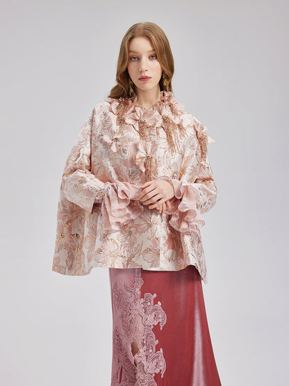 Flower Beaded Embossed Jacquard Cape Coat