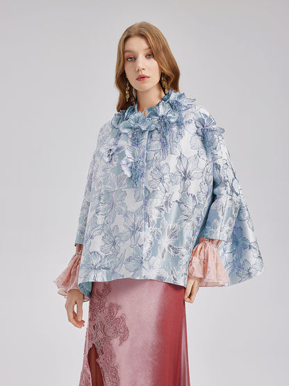 Flower Beaded Embossed Jacquard Cape Coat