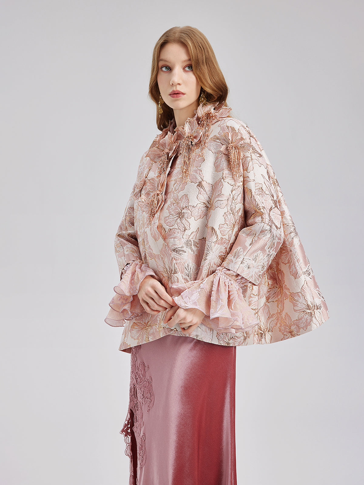 Flower Beaded Embossed Jacquard Cape Coat