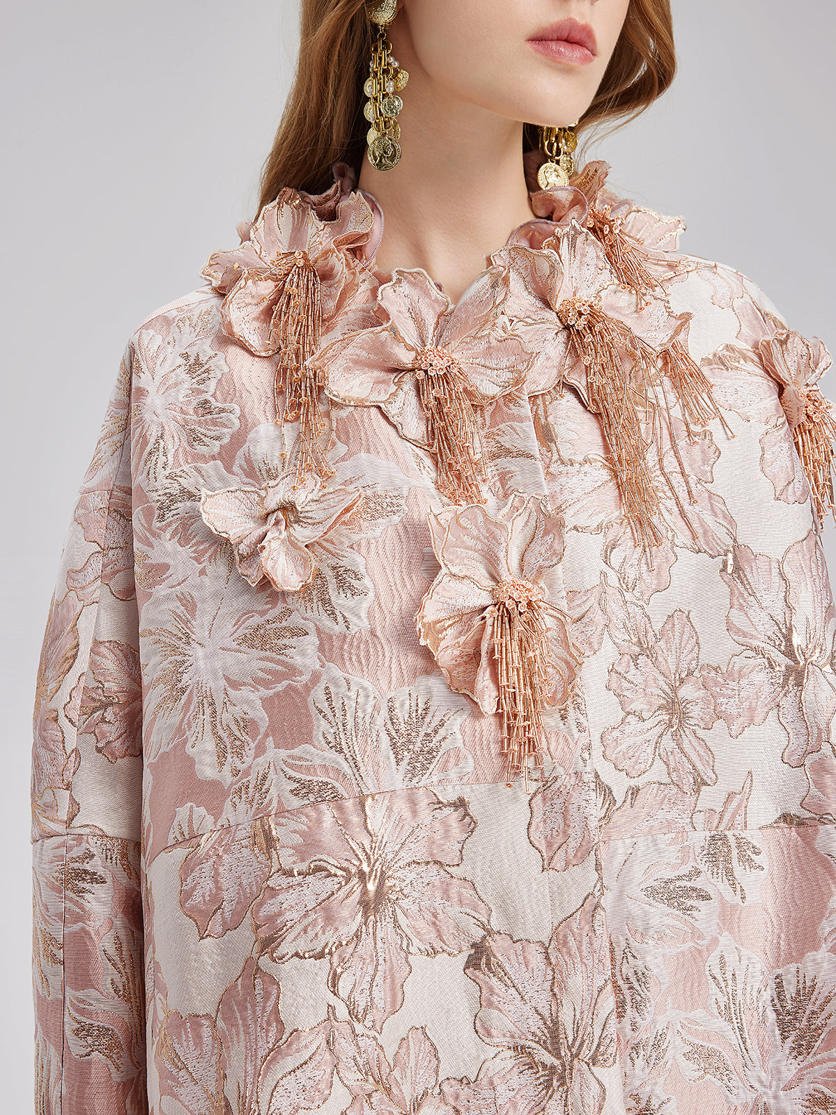 Flower Beaded Embossed Jacquard Cape Coat