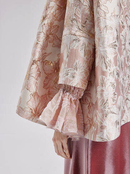 Flower Beaded Embossed Jacquard Cape Coat