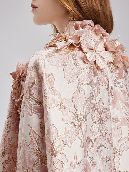 Flower Beaded Embossed Jacquard Cape Coat