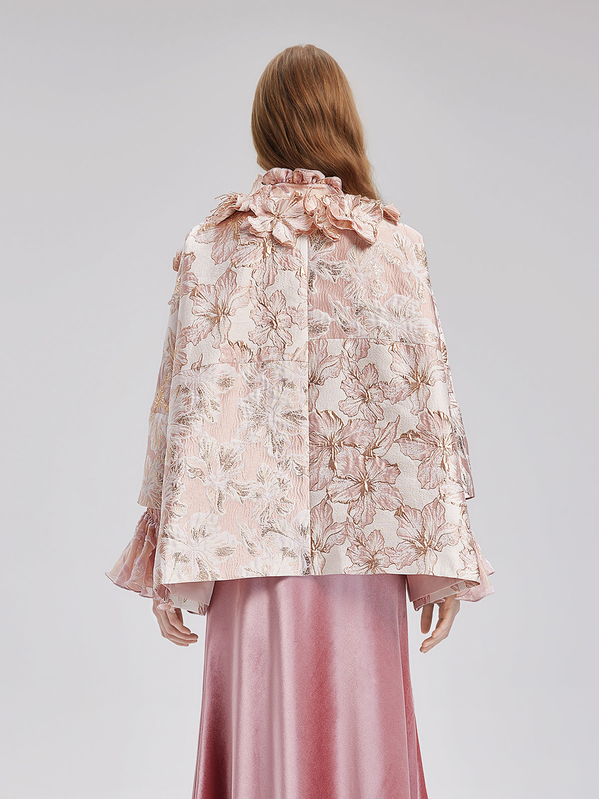 Flower Beaded Embossed Jacquard Cape Coat