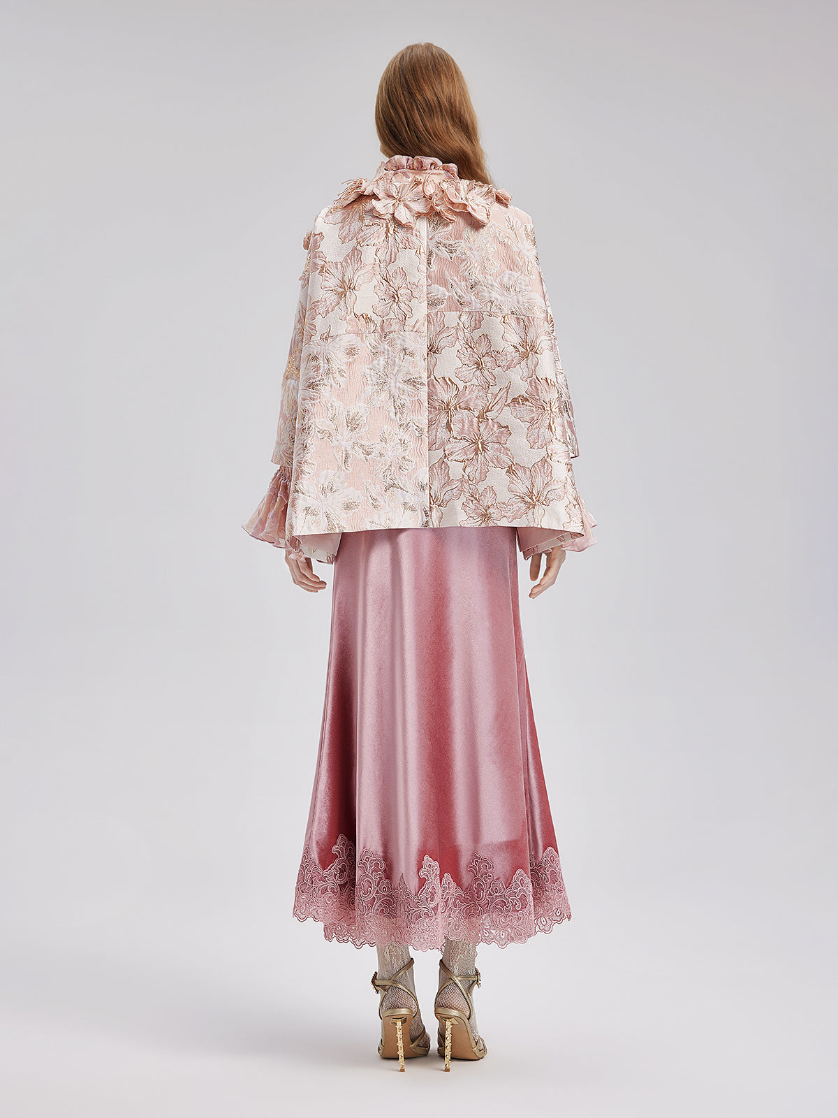 Flower Beaded Embossed Jacquard Cape Coat