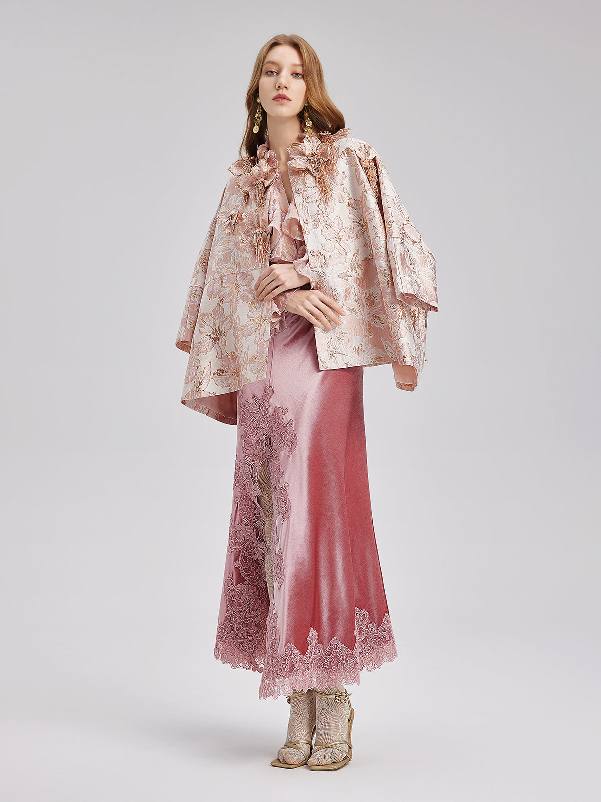 Flower Beaded Embossed Jacquard Cape Coat