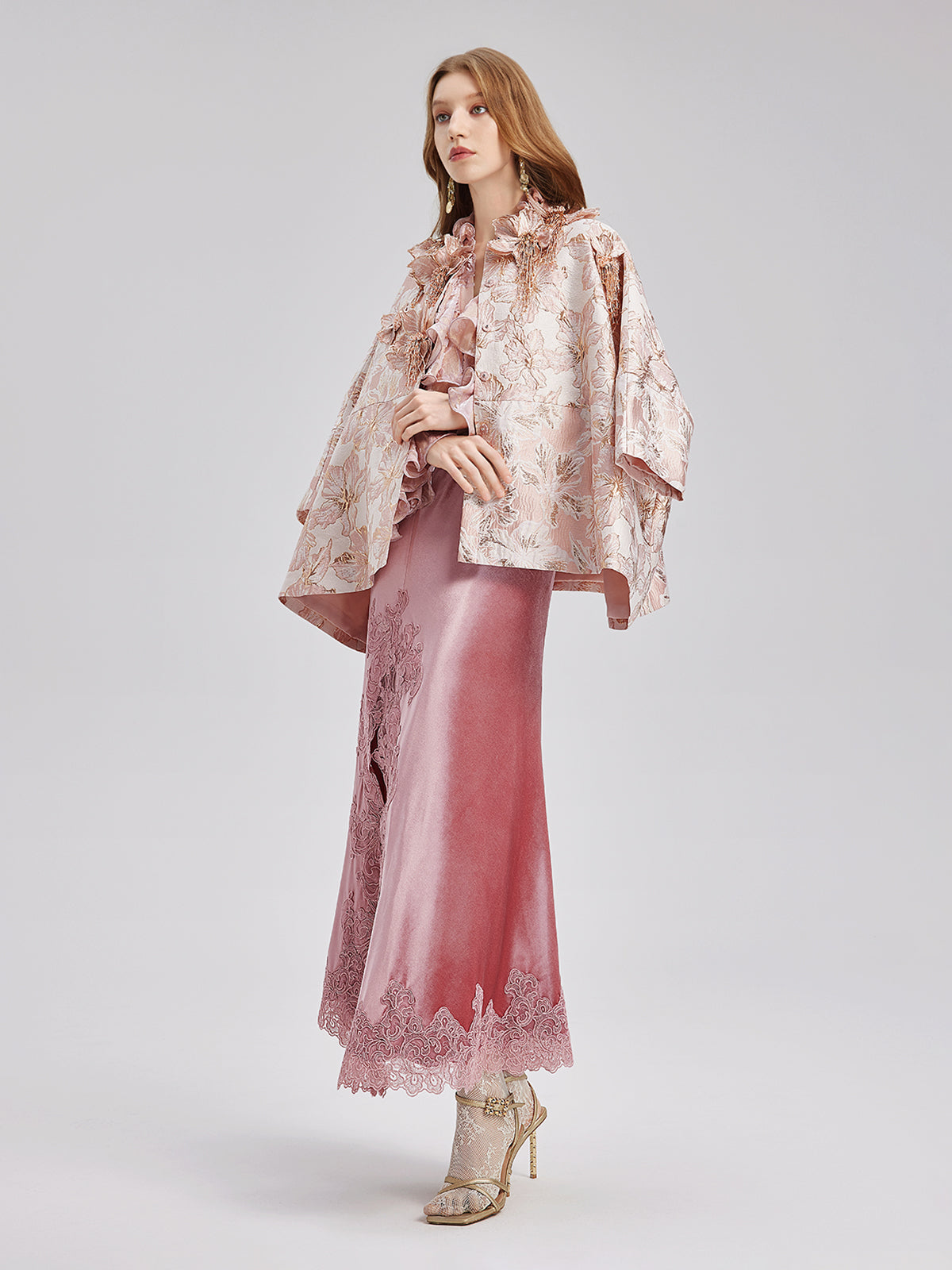 Flower Beaded Embossed Jacquard Cape Coat