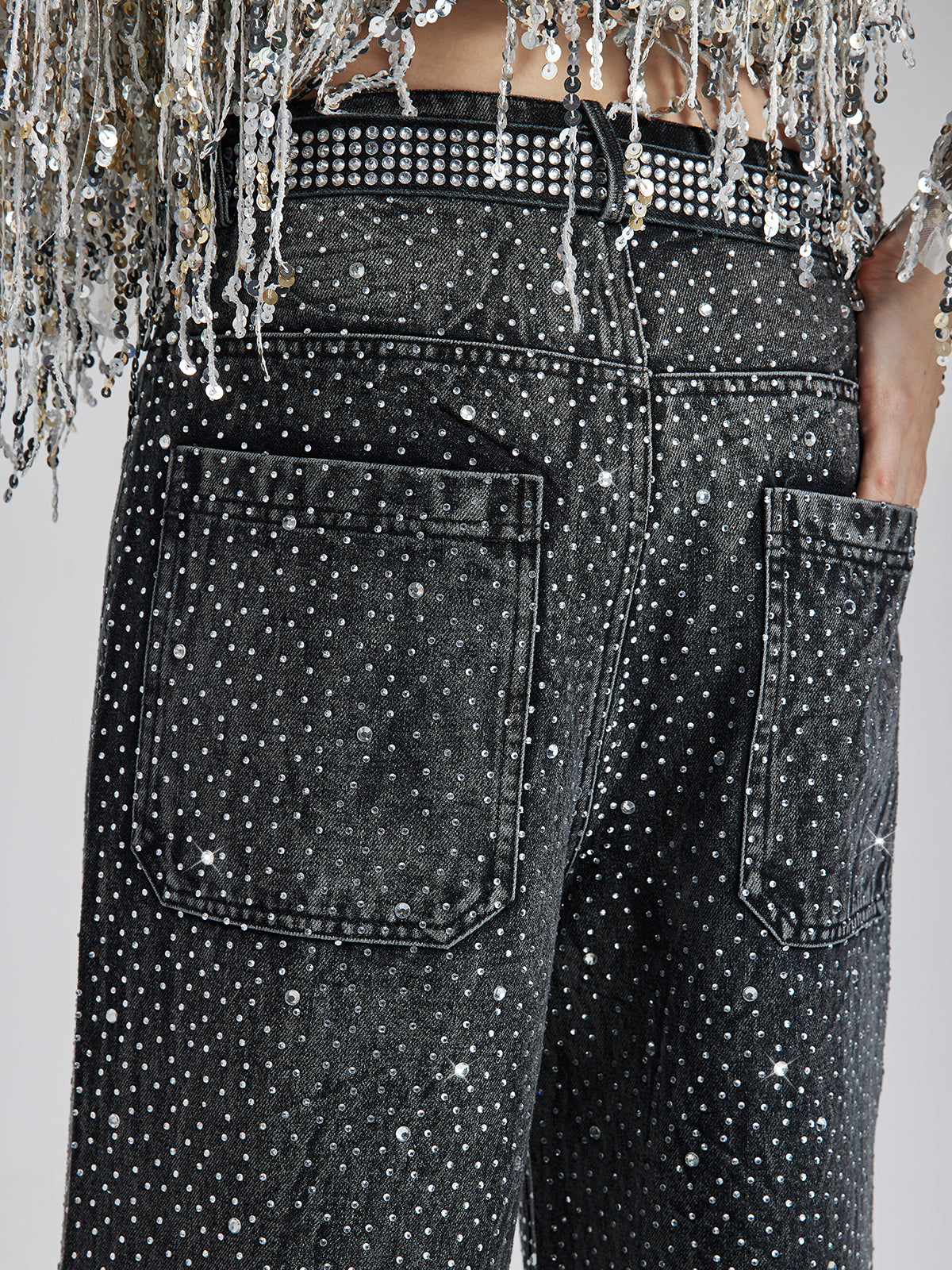 Handcrafted Rhinestones Denim Straight Jeans