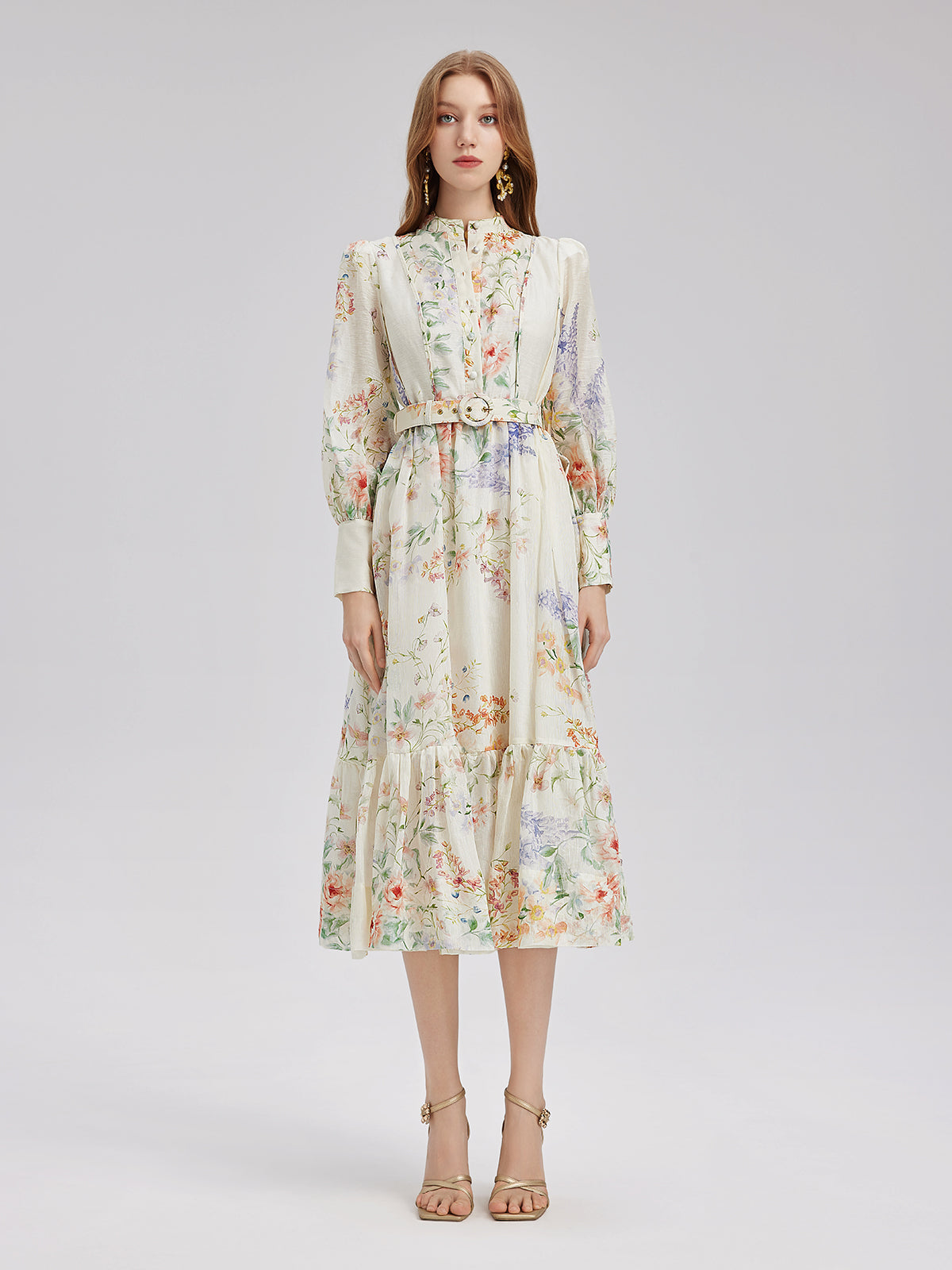 French Floral Print Lantern Sleeve Waist Dress