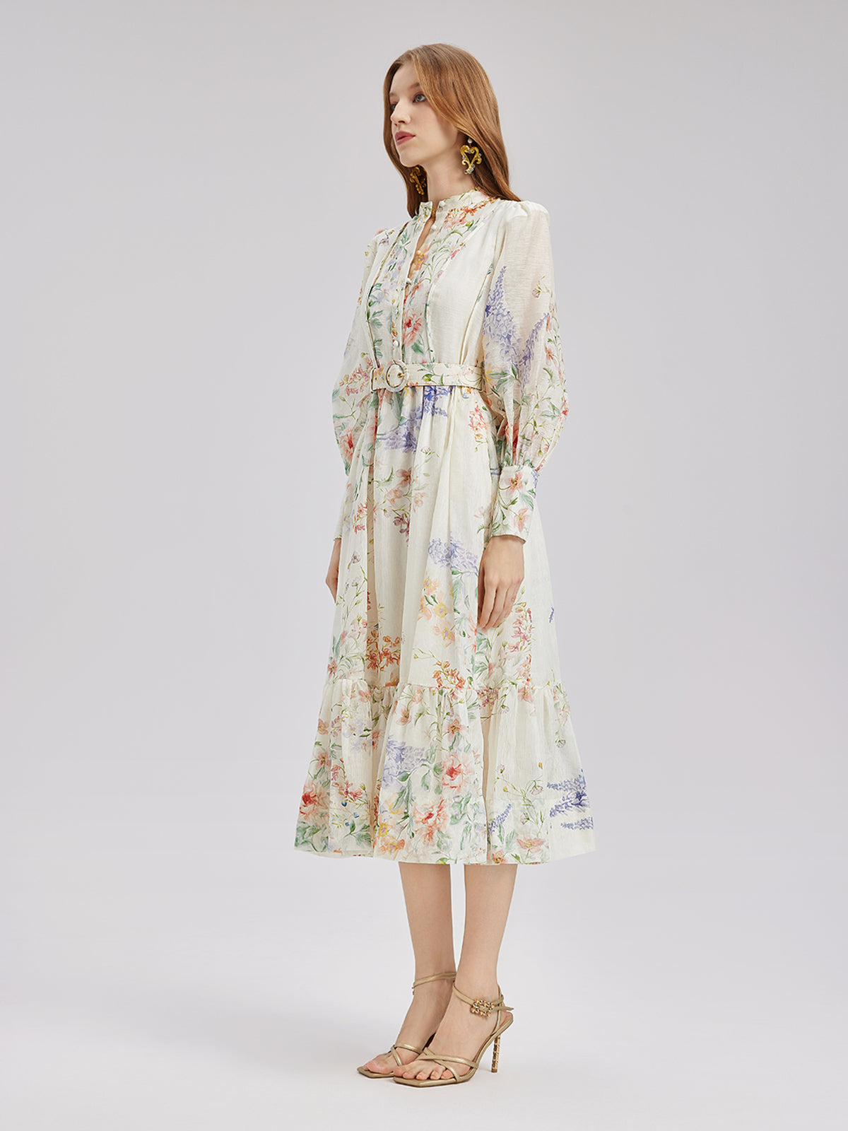 French Floral Print Lantern Sleeve Waist Dress